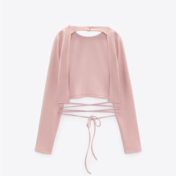 NWT Zara Long Sleeve Crop Top with Bow in Pale Pink, Size XS - Picture 12 of 16